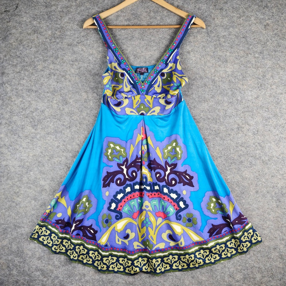 Hale Bob Silk Mini Dress Womens Small Blue Paisley Beaded V-Neck Boho Resort